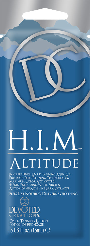 A single use packet of Devoted Creations H.I.M Altitude featuring a blue background with mountain graphics and white text 