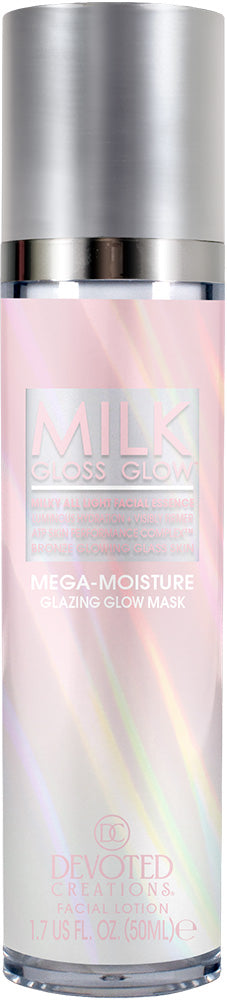 A bottle of Devoted by Devotion Milk Gloss Glow Mega-Moisture Glazing Glow Mask with a pink iridescent label and silver cap.