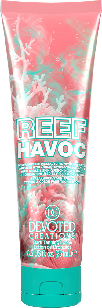 Tube of Devoted Creations Reef Havoc hair product with pink and teal design.