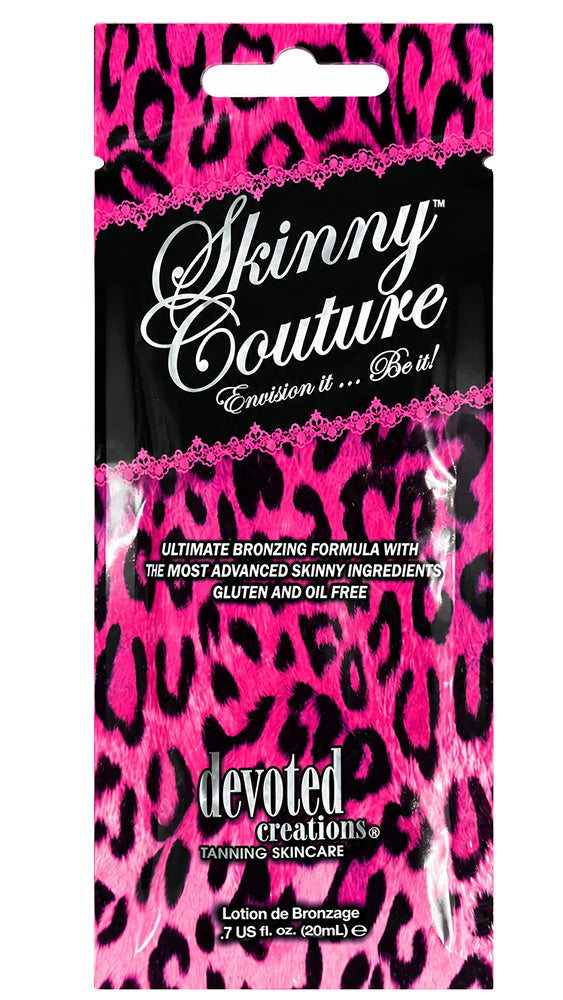 Skincare product packaging with pink leopard print design and 'Skinny Couture' branding.