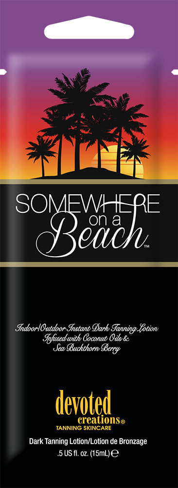 Tanning lotion packaging with palm trees and sunset design on a purple background
