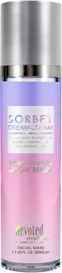 Devoted Creations Sorbet Dream Cream facial tanning lotion featuring a purple and pink gradient background