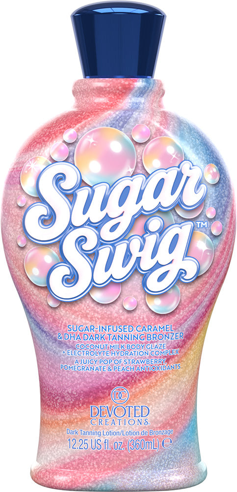 A bottle of Devoted Creations Sugar Swig sugar-infused caramel body tanning bronzer, featuring a pink, blue, and purple marbled swirl pattern with iridescent bubble graphics and a dark blue cap.