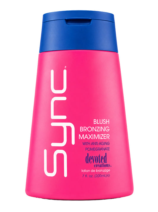 Pink bottle of Sync Blush Bronzing Maximizer with blue cap on a white background