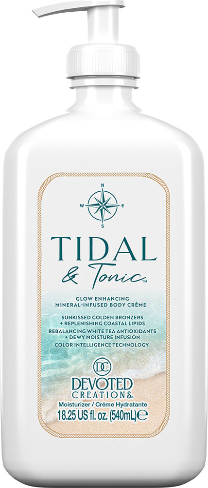 A white pump bottle of Devoted Creations Tidal & Tonic glow enhancing mineral infused body crème, featuring a beige and teal label with a compassdesign.