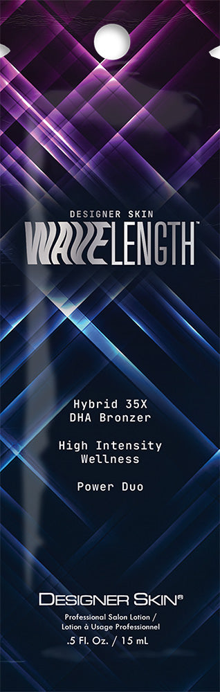 Product packaging for 'Designer Skin Wave Length' with blue and purple design.