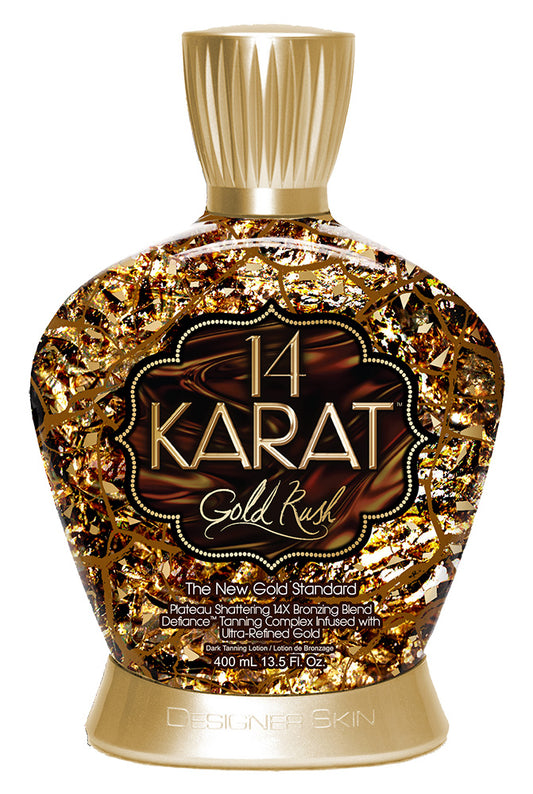 Bottle of 14 Karat Gold Rush tanning lotion with gold and brown design on a white background