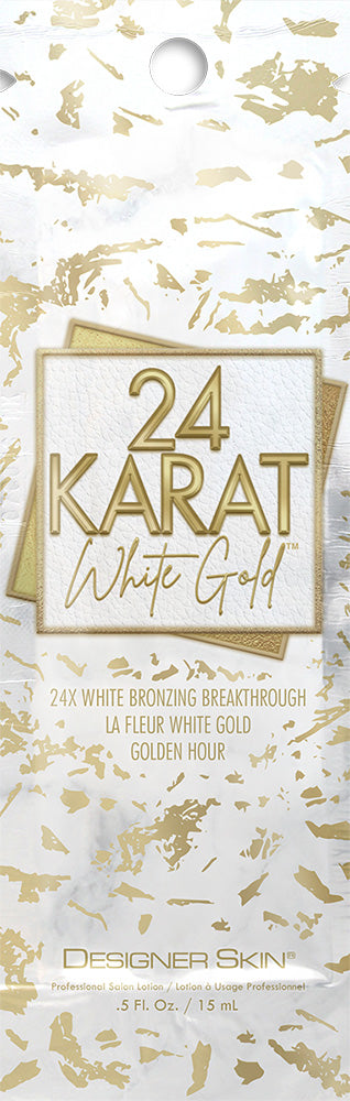 Product packaging for '24 Karat White Gold' with gold leaf design on a white background.