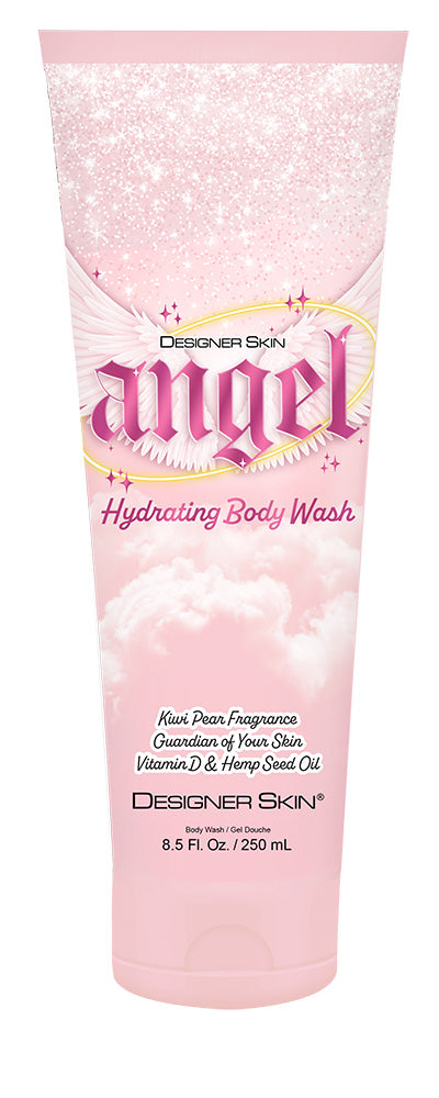 Pink tube of Designer Skin Angel Hydrating Body Wash on a white background
