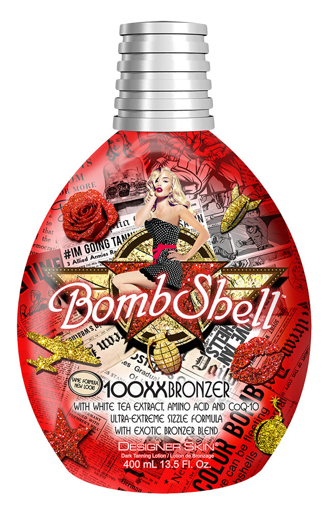 Bottle of 'Bombshell' bronzer with a colorful label featuring graphics and text.
