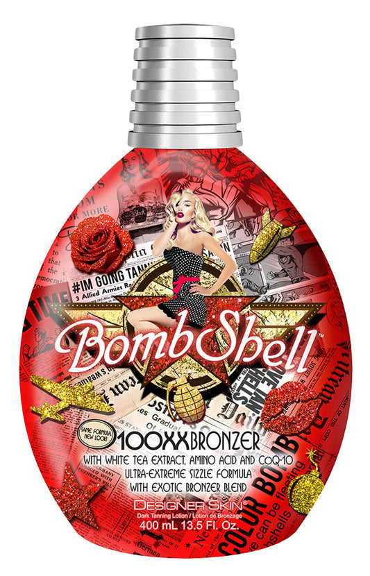 Bottle of 'Bombshell' bronzer with a colorful label featuring graphics and text.