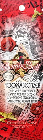 Product packaging for Bombshell 100XXBronzer with a colorful design and text.