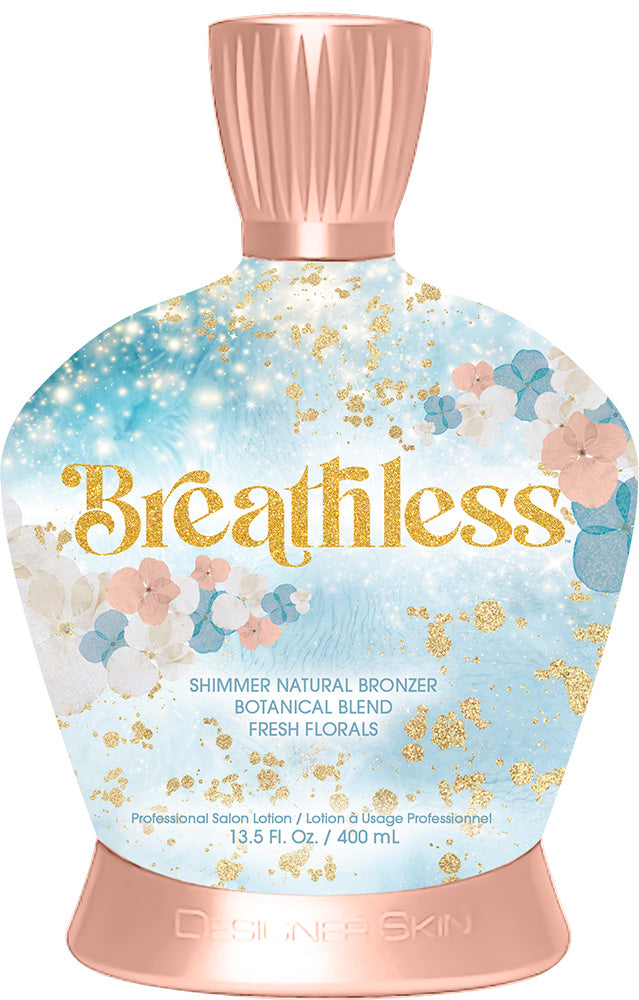 Breatheless bronzer bottle with floral design and rose gold accents