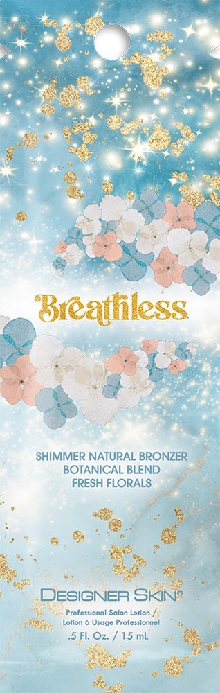 Product packaging for 'Breathless' shimmer natural bronzer with floral design on a blue background.