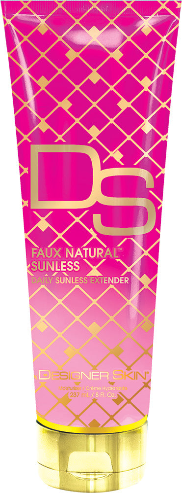 Pink and gold tube of 'Faux Natural Sunless' sunless tanning product with 'Designer Skin' branding.