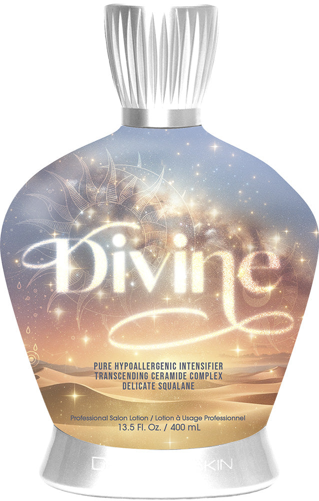 Product packaging for 'Divine' hypoallergenic intensifier with starry design on a light blue background with a desert.