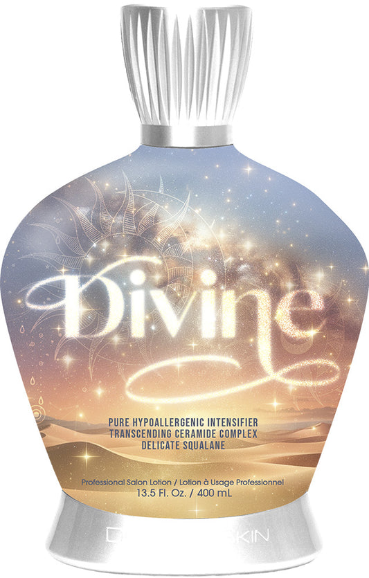 Product packaging for 'Divine' hypoallergenic intensifier with starry design on a light blue background with a desert.