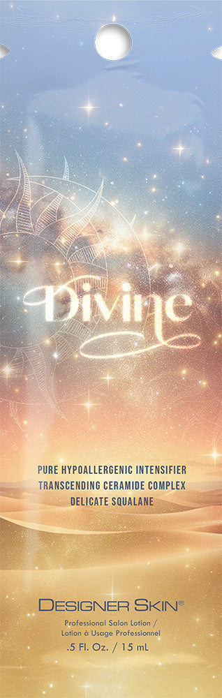 Product packaging for 'Divine' hypoallergenic intensifier with starry design on a light blue background with a desert.