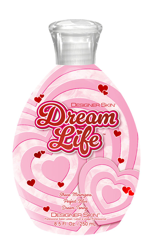 Bottle of Designer Skin Dream Life with pink heart design on a white background