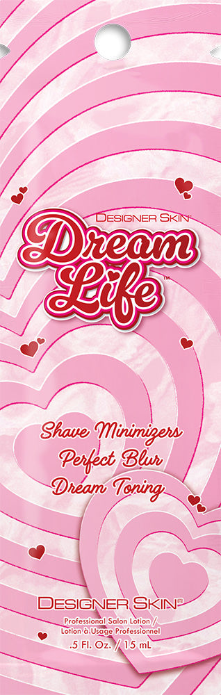 Pink packaging with heart designs and text for Designer Skin products.