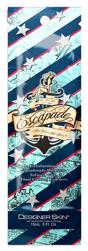 Escapade hair product packaging with blue, red, and white design