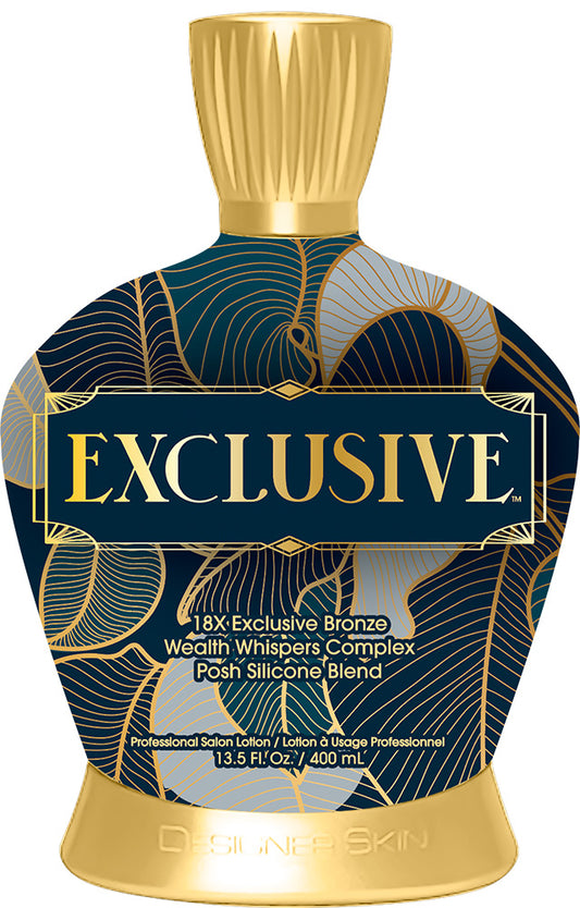 Tanning lotion bottle with gold and blue design on a white background
