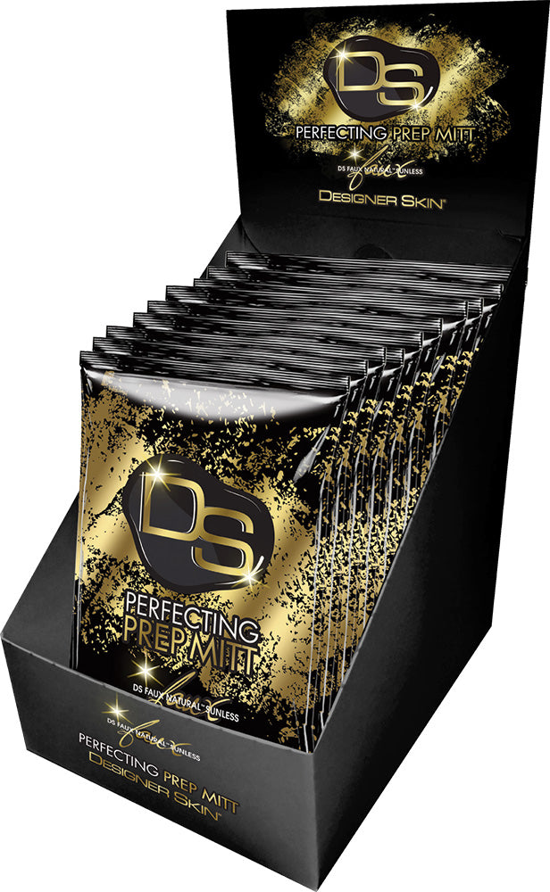 Display of 'Perfecting Prep Mitt' packaging with gold and black design.