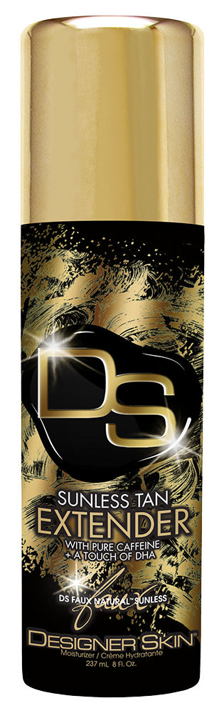 Sunless tan.extender bottle with gold and black design on a white background