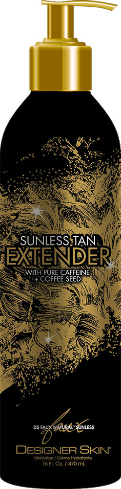 Sunless tan extender bottle with gold pump and black label featuring artistic design.