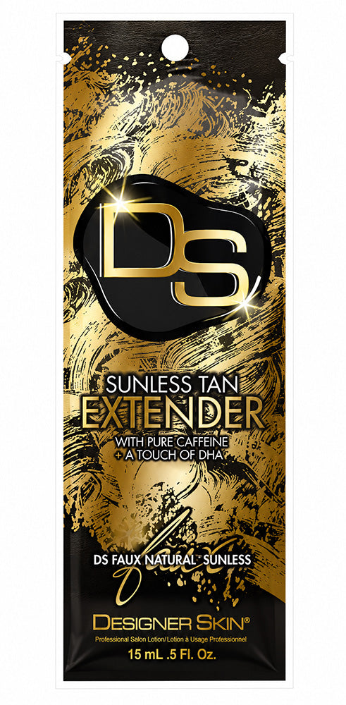 Sunless tan extender packaging with gold and black design