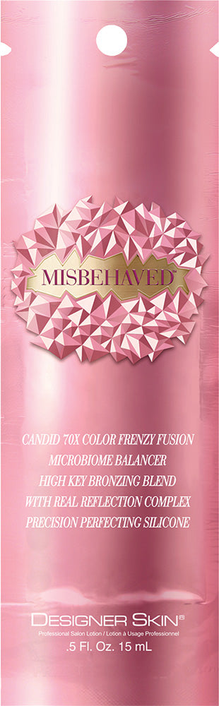 Pink packaging of Misbehaved by Designer Skin with text on a white background