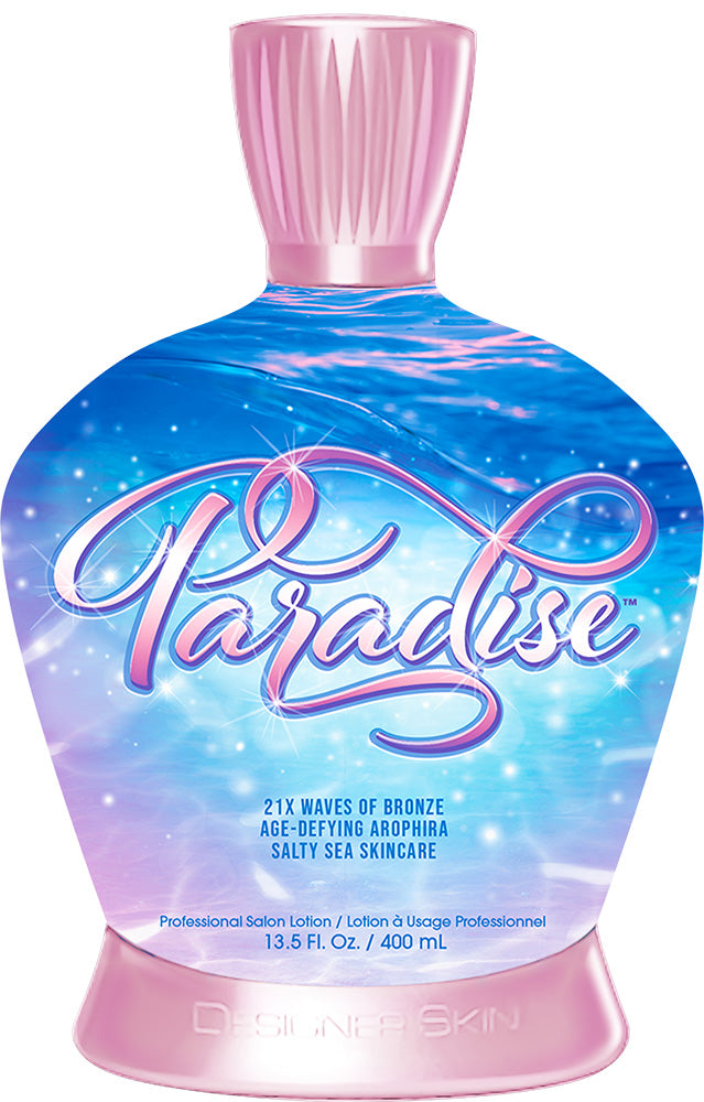 Paradise tanning lotion bottle with blue and pink design on a white background