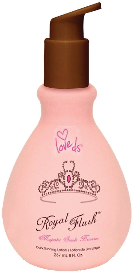 Pink bottle of 'Royal Flush' tanning lotion with a brown pump on a white background
