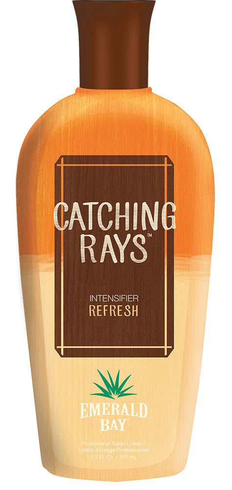 Emerald Bay Catching Rays Intensifier Refresh body butter in a 4.7 fl oz bottle, featuring a warm orange-to-cream gradient design with a dark brown label and cap.