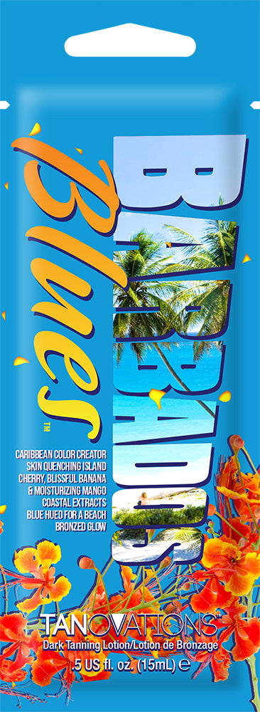 A packet of Ed Hardy Barbados Blues tanning lotion with a blue label featuring tropical design 