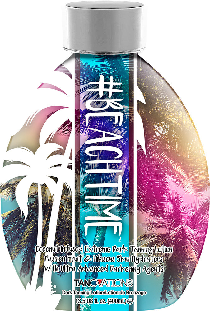 Tanovations #Beachtime tanning lotion featuring a colorful beach background with white palm trees
