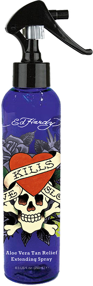 Blue spray bottle with skull design and 'Ed Hardy' branding on a white background
