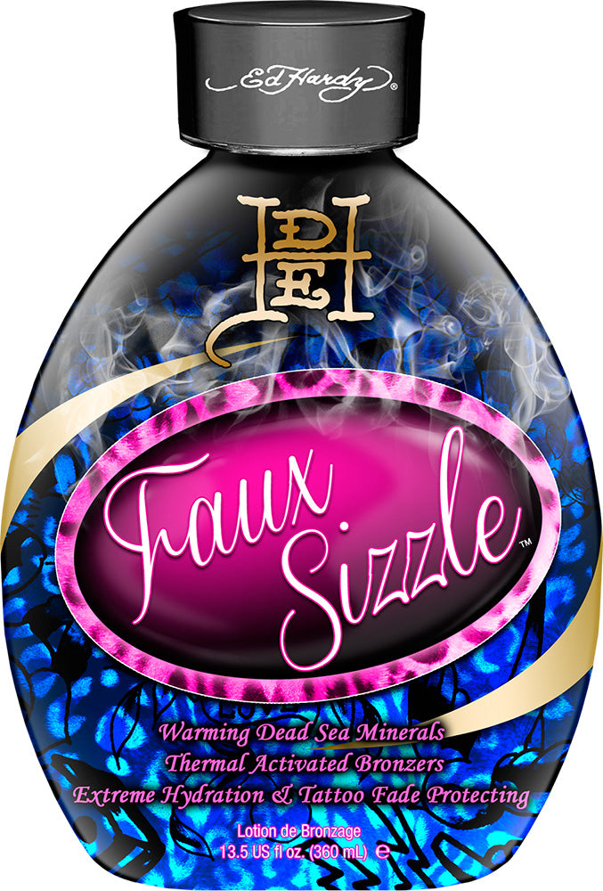 Ed Hardy Faux Sizzle tanning lotion bottle with blue and pink design