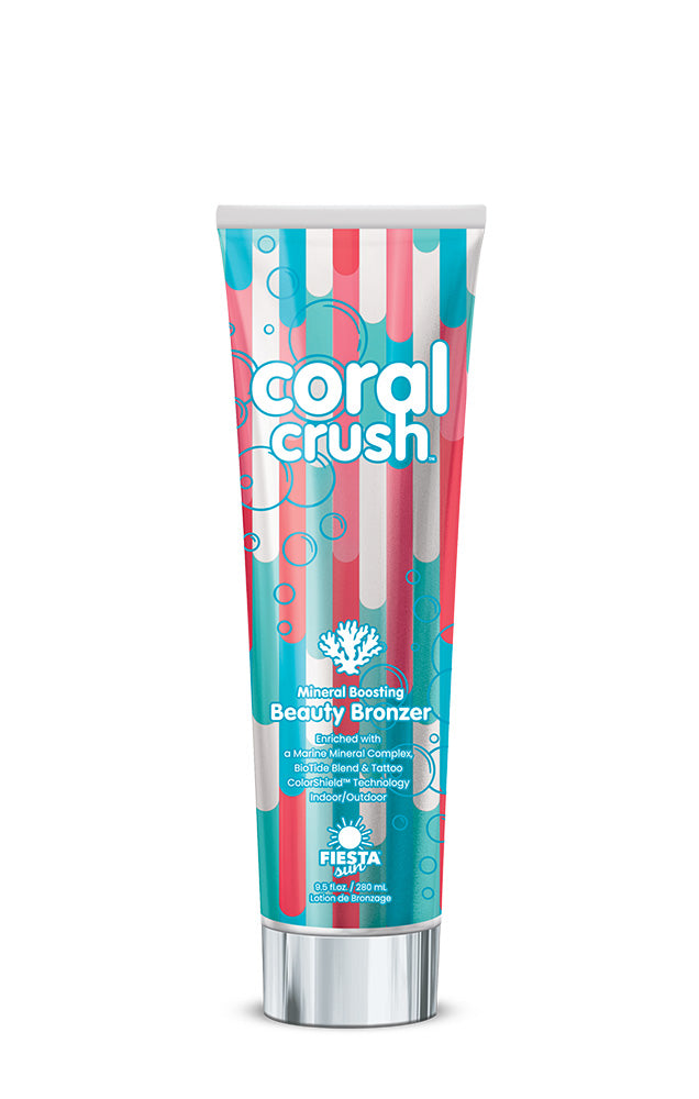  A tube bottle of Fiesta Sun Coral Crush tanning lotion featuring a colorful background and white text 