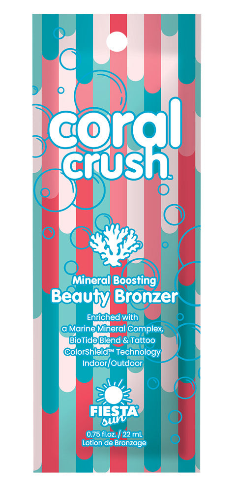  A packet of Fiesta Sun Coral Crush tanning lotion featuring a colorful background and white text 