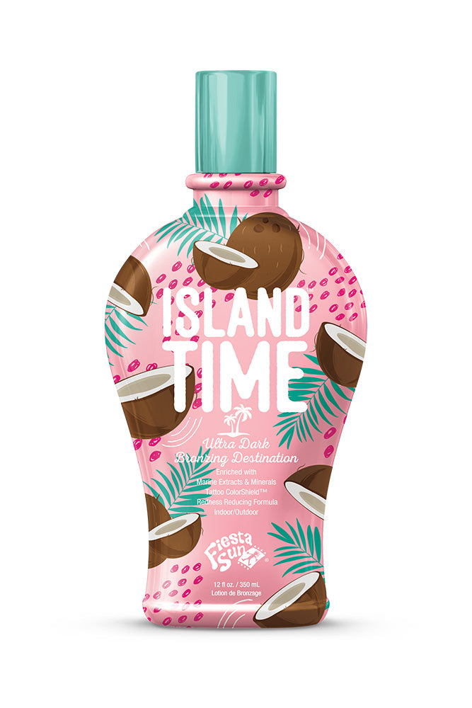 Bottle of Island Time tropical-themed product on a white background