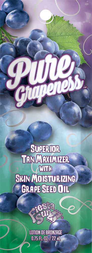 A packet of Fiesta Sun Pure Grapeness tanning lotion with a purple and green design, featuring grape images and product information.