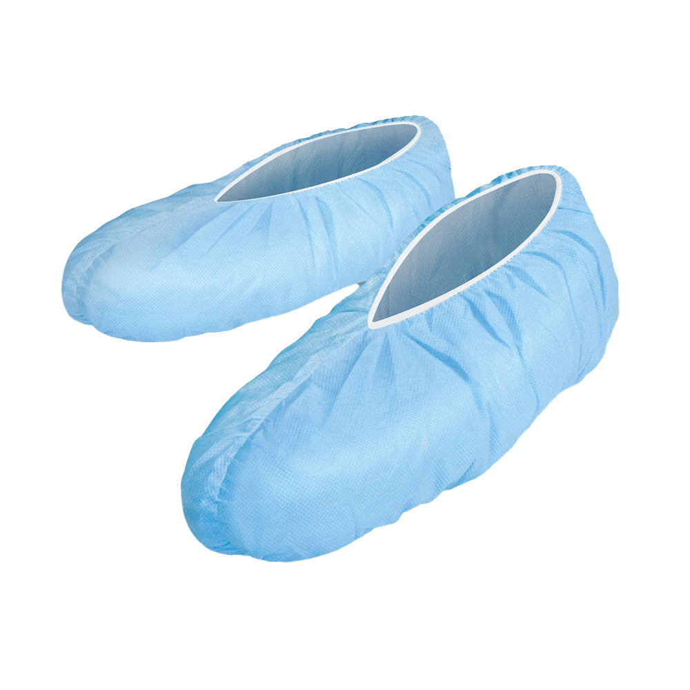 Pair of blue shoe covers on a white background