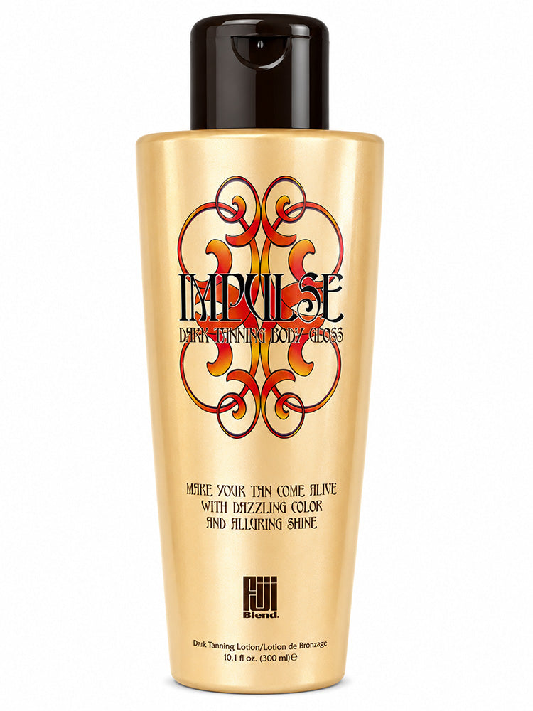 Gold bottle of Lusterse tanning lotion with decorative design on a white background