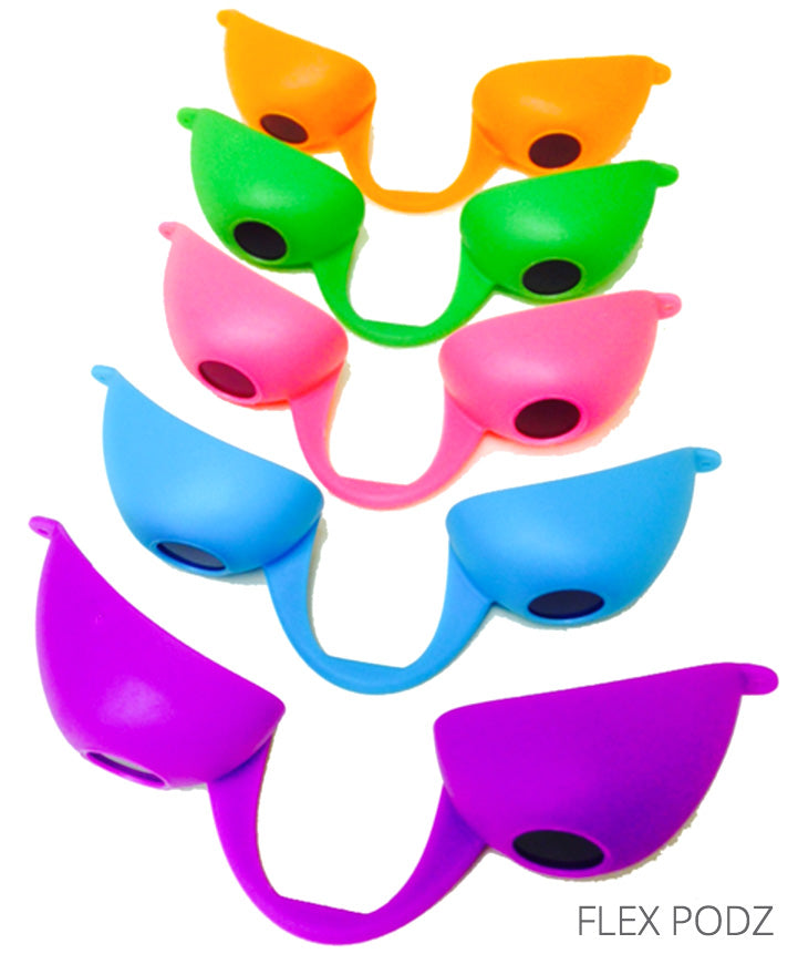 a variety of colors of flex pod eyewear on a white background 
