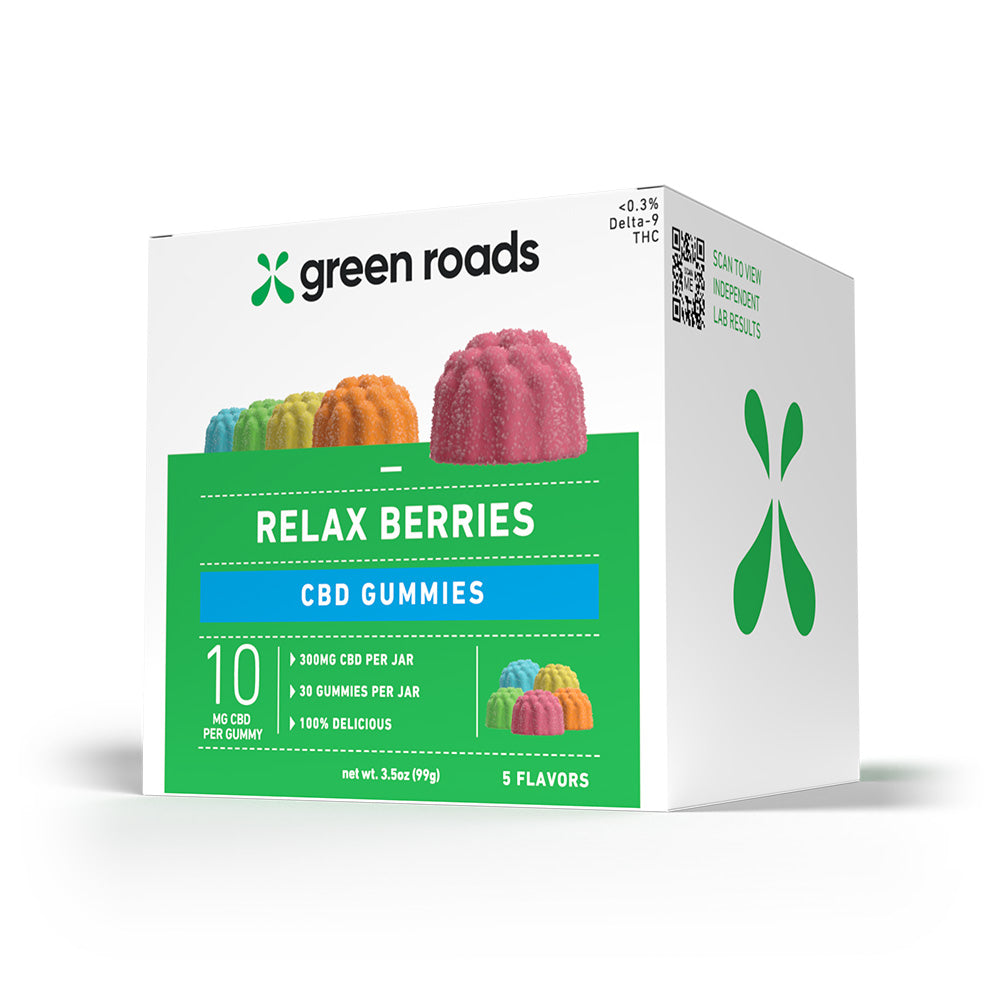 30 count green roads relax berries gummies on a white background 