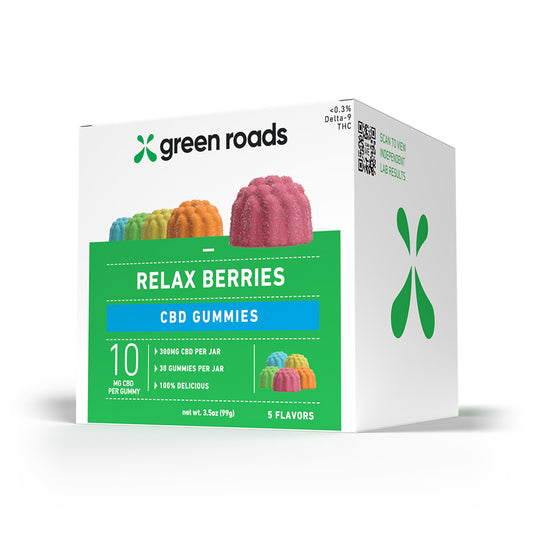 30 count green roads relax berries gummies on a white background 