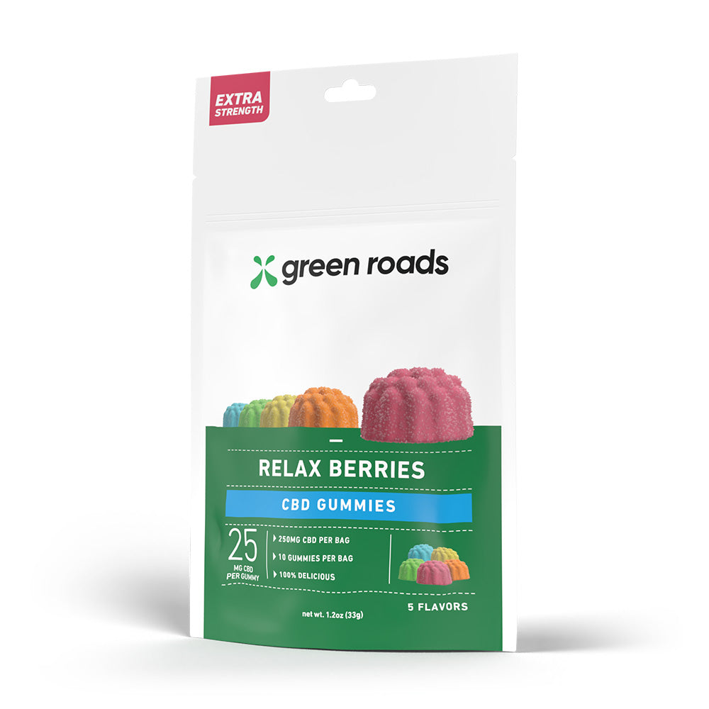 10 count green roads relax berries gummies on a white background 