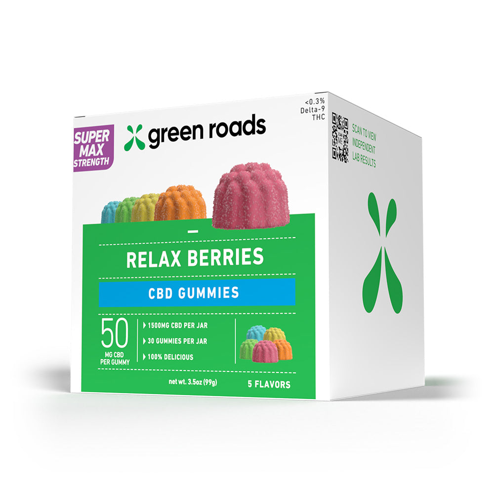 Box of Green Roads Relax Berries CBD Gummies on a white background