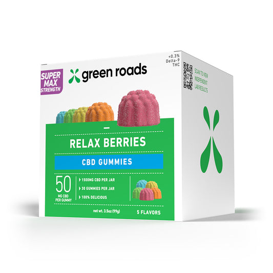 Box of Green Roads Relax Berries CBD Gummies on a white background